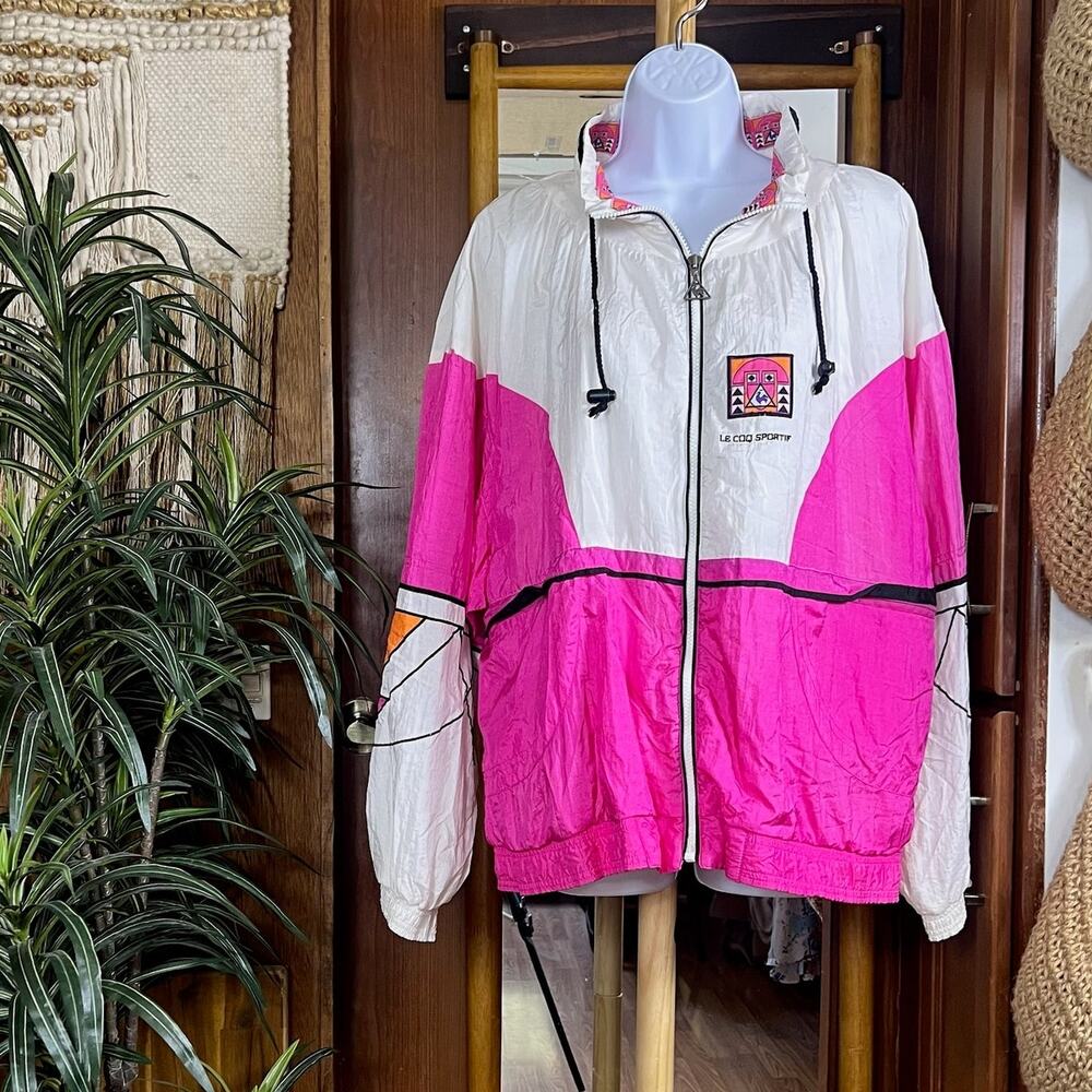 Vintage 90s Le Coq Sportif Windbreaker Jacket Womens L Pink White Nylon Full Zip